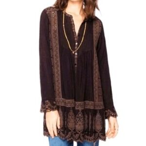 Johnny Was Boho Tunic Dress Chocolate Brown Embroidered Inset Lace Scallop XS